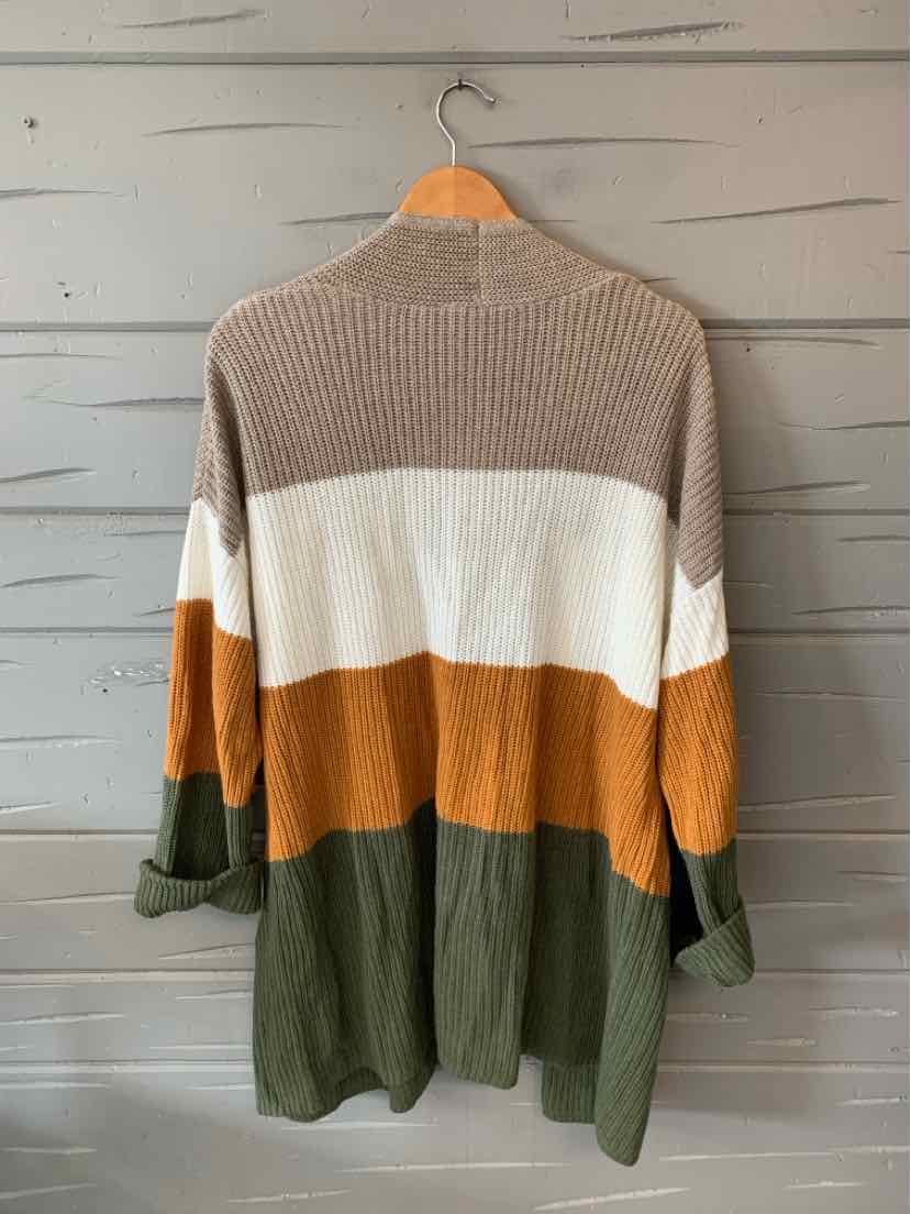 Long knit cardigan with wide color blocks in taupe, white, burnt orange, and olive green.