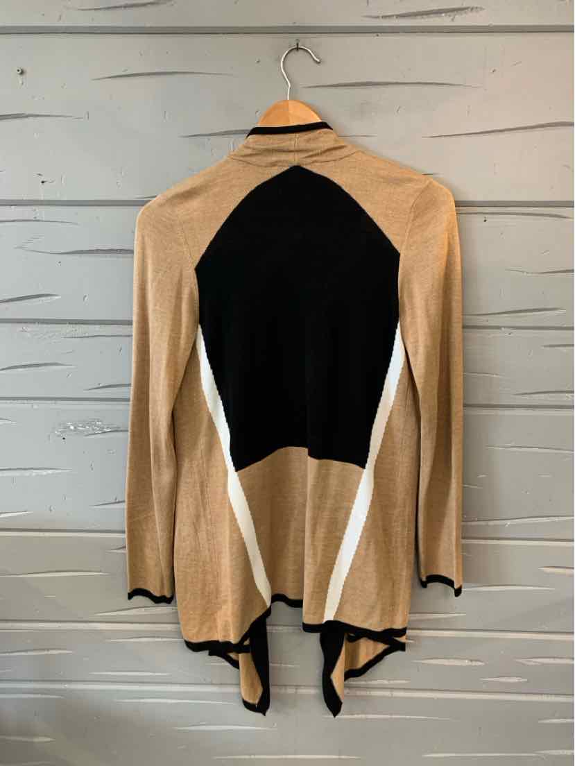 Tan and black color block cardigan with long sleeves and open front design, medium size.