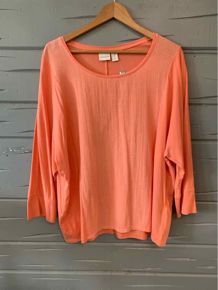 Coral orange long-sleeve blouse with round neckline and relaxed fit in size 2XL.