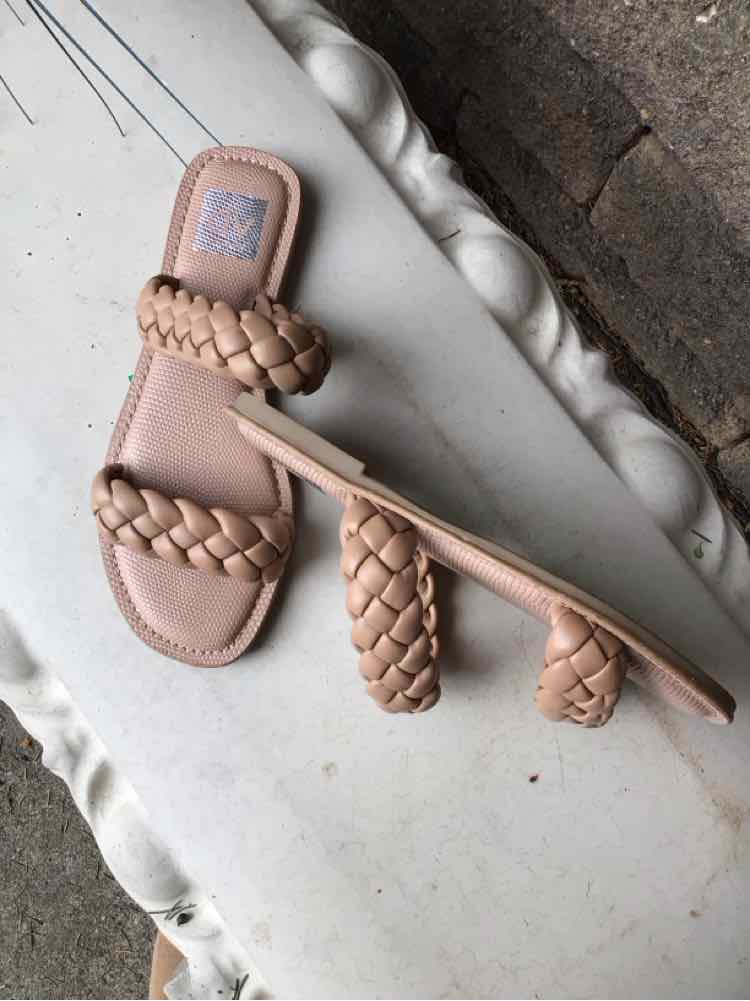 Nude braided double-strap sandal with square toe and flat sole, size 7.