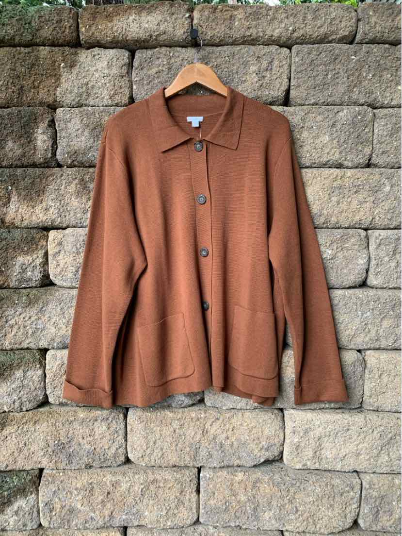 Brown button-up cardigan with collar and two front pockets, size 2X, relaxed fit.