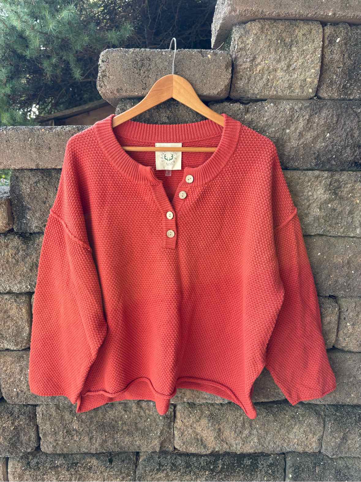 Rust-red women’s knit pullover with a round neckline, three-button placket, and flared sleeves.
