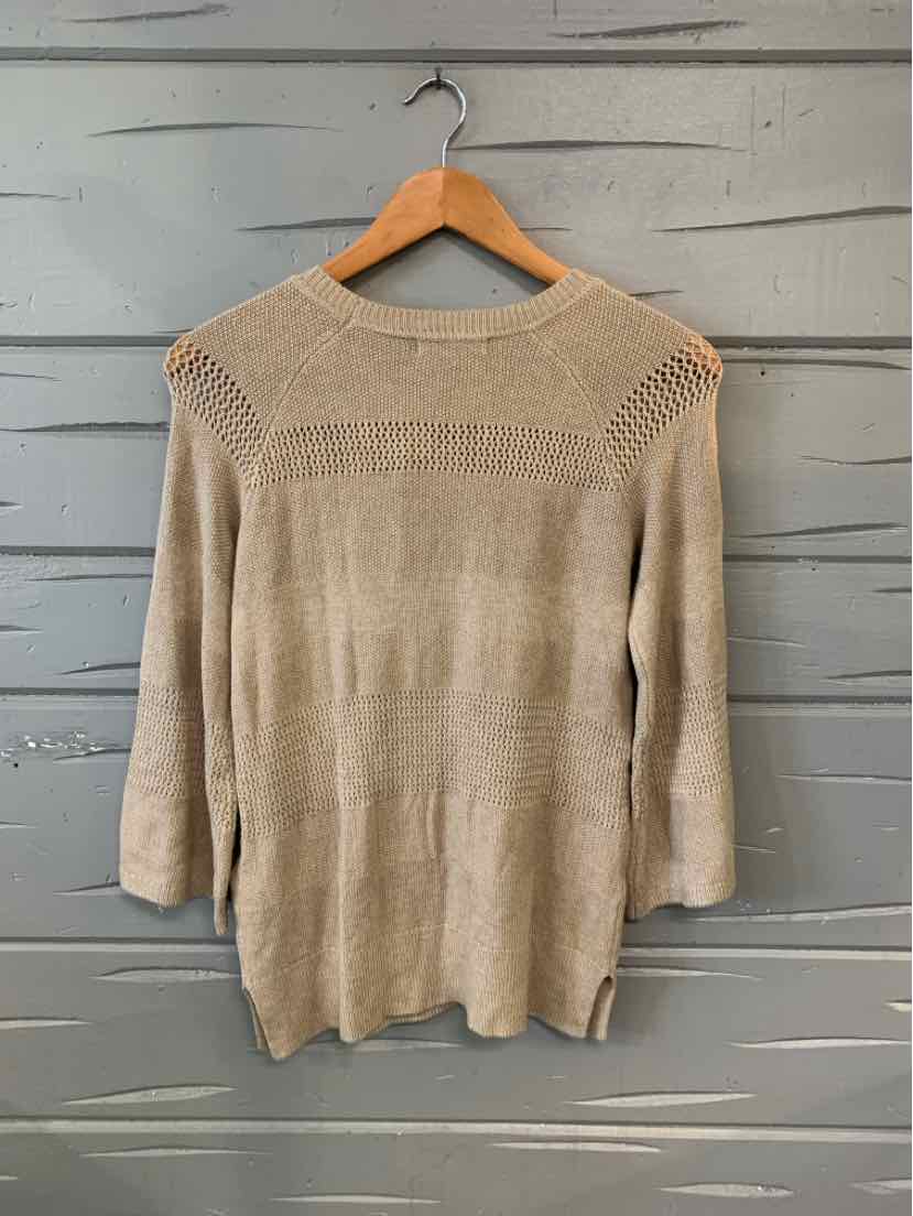 Tan knit sweater with long sleeves and textured pattern on shoulders and upper back, size XS.
