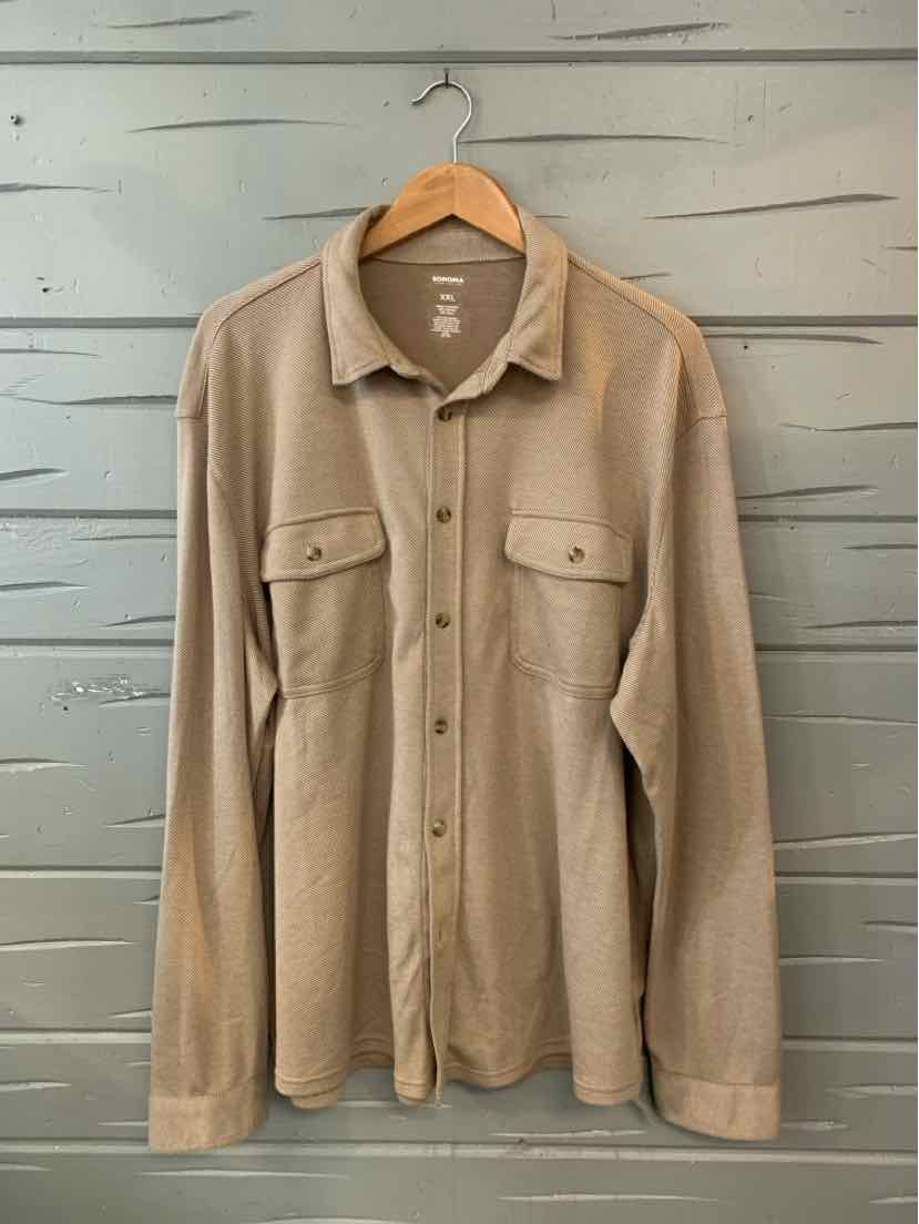 Tan long-sleeve button-up shirt with chest flap pockets, collar, and XXL size label.