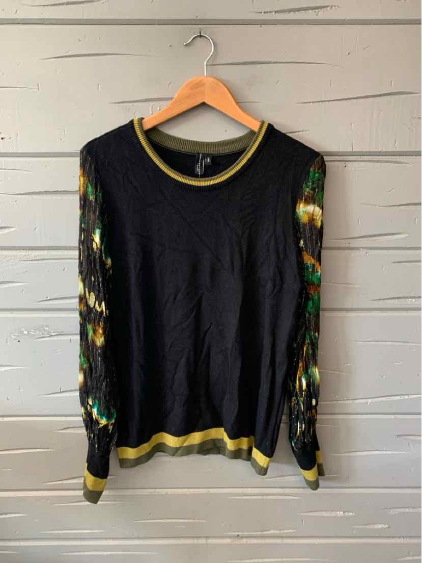 Black long-sleeve sweater with green, yellow, and white patterned sleeves and yellow trim on collar, cuffs, and hem.