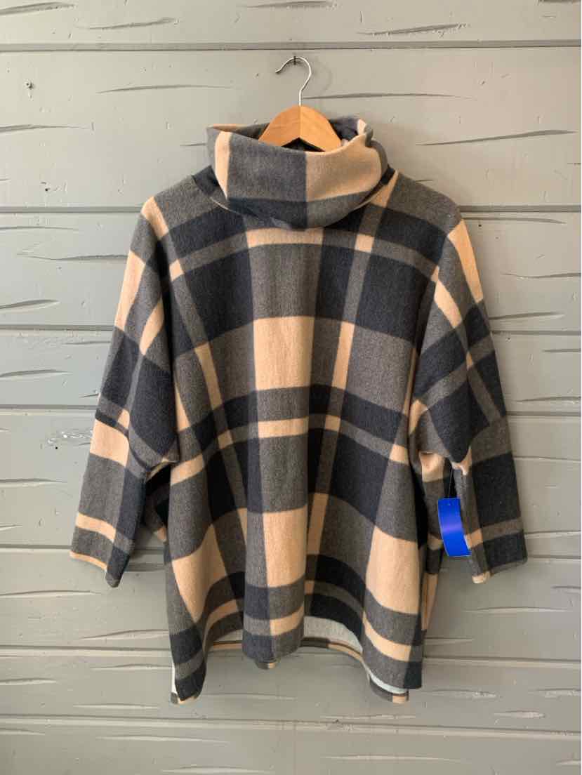 Women’s gray and tan plaid sweater with a high cowl neck, long sleeves, and relaxed fit.