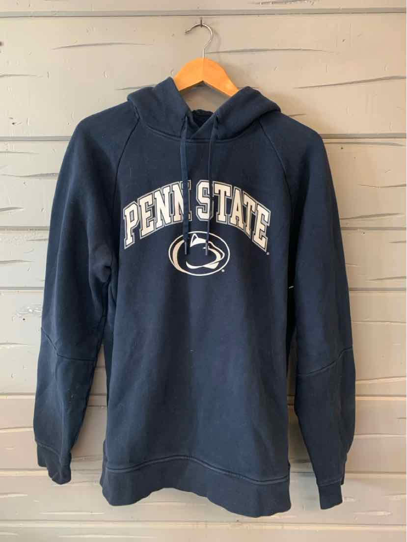 Navy blue hooded sweatshirt with white "PENN STATE" lettering and university logo on front, large size.