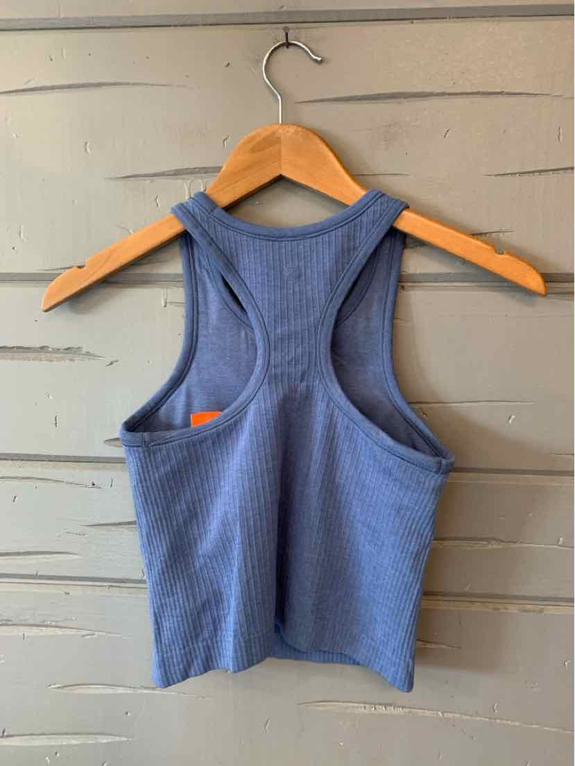 Blue ribbed racerback crop top with scoop neckline, sleeveless design, and fitted silhouette.