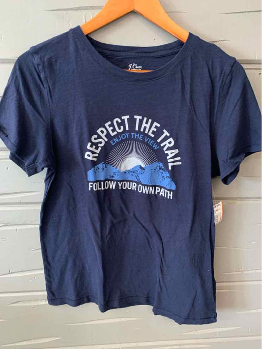 Navy blue cotton short-sleeve t-shirt with "Respect the Trail" mountain graphic and white text on front.
