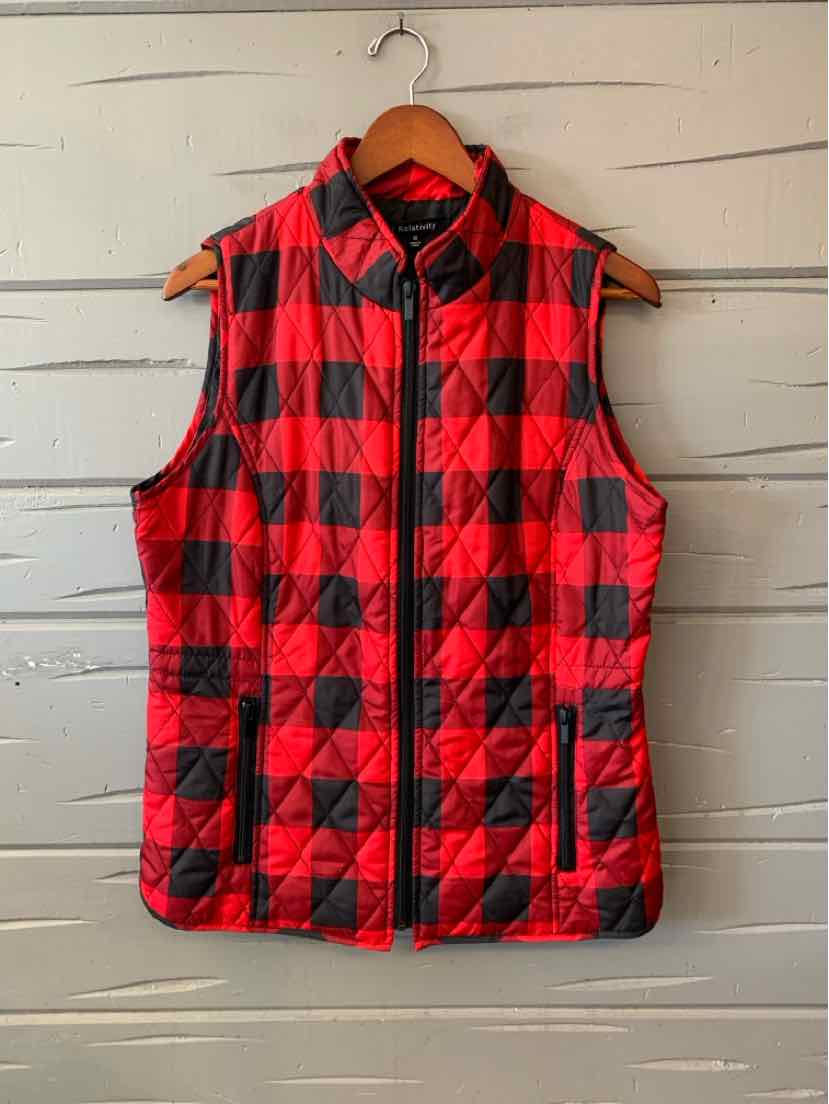 Red and black buffalo plaid quilted sleeveless vest with zipper and high collar.