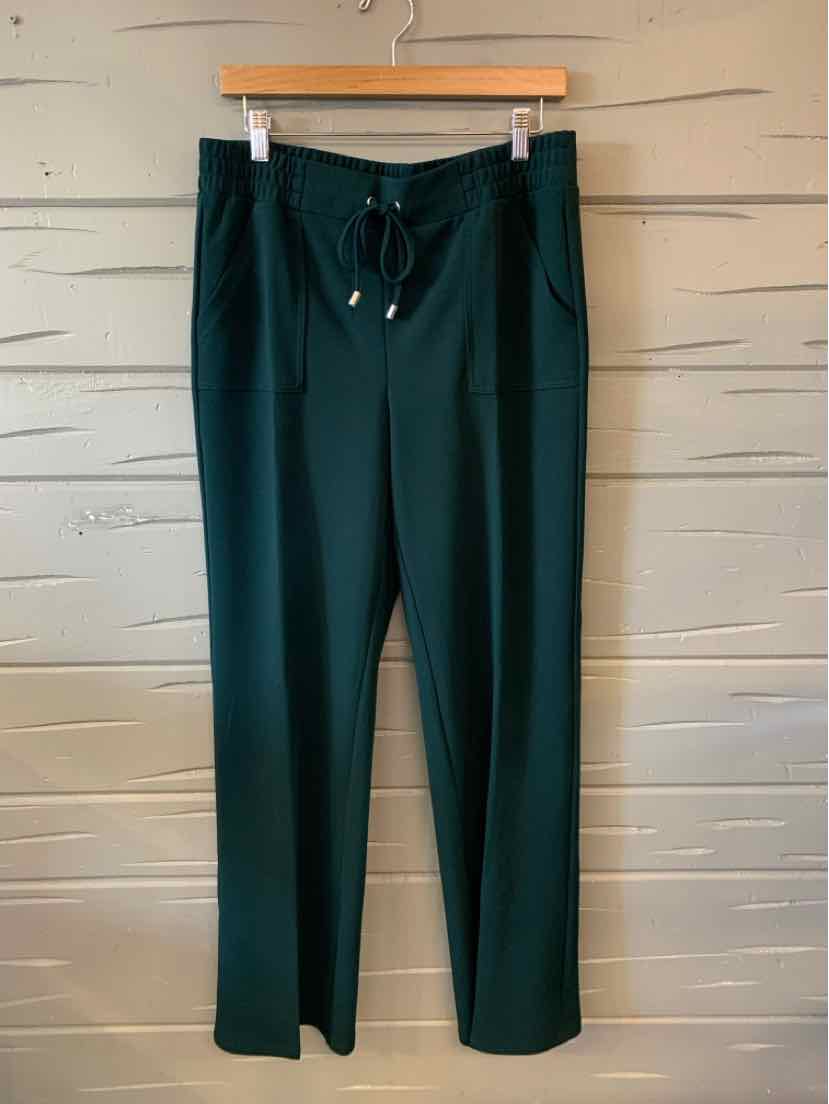 Teal straight-leg pants with drawstring waist and side pockets, relaxed fit, lightweight fabric.