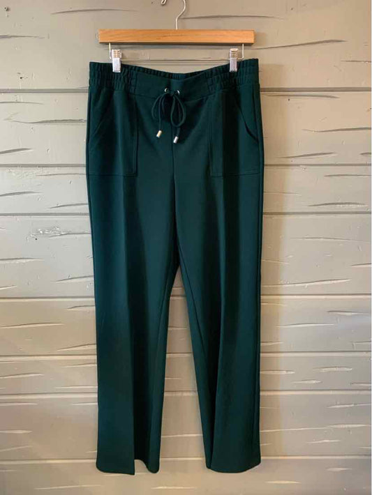 Teal straight-leg pants with drawstring waist and side pockets, relaxed fit, lightweight fabric.