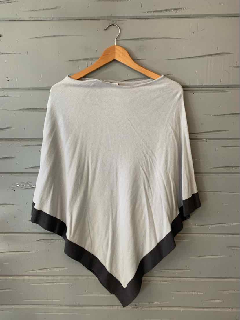 Light gray poncho with a boat neckline and wide black trim along the bottom edges.