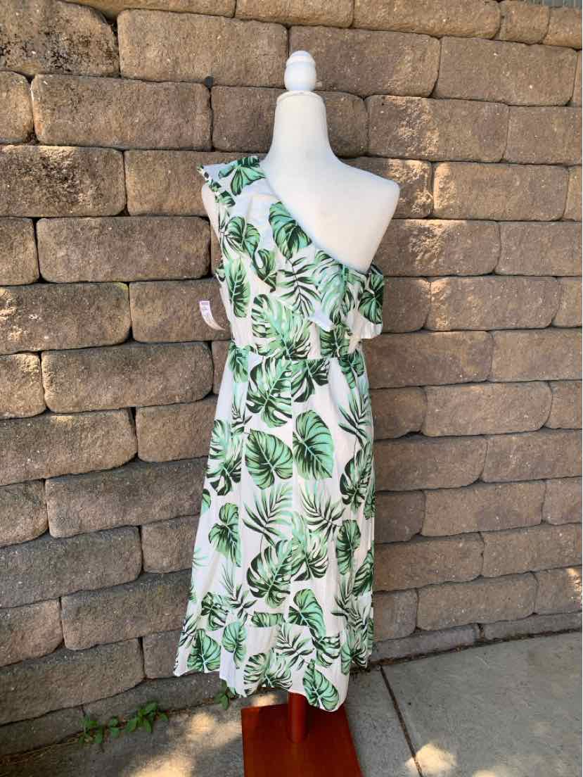 White one-shoulder tropical print dress with green palm leaves, midi length, size large.