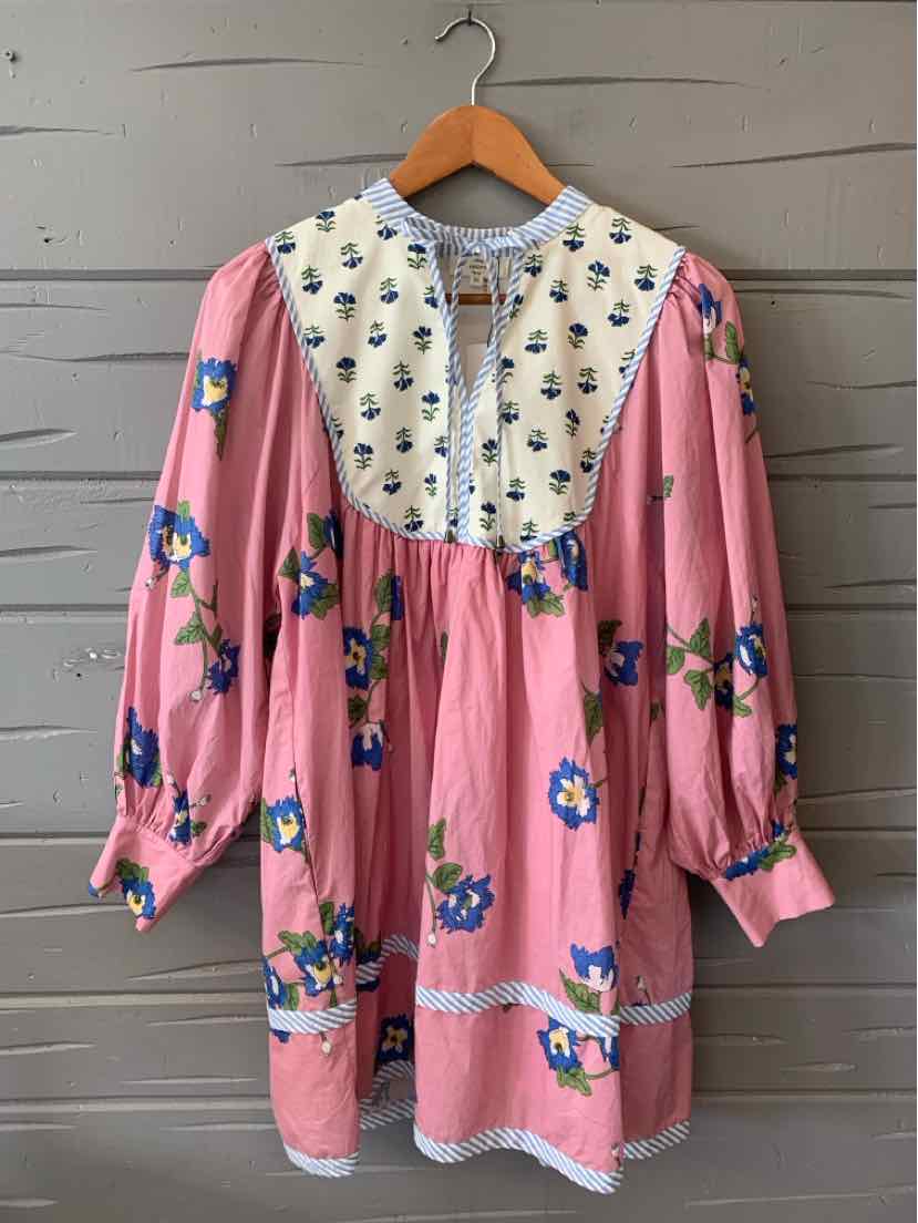 Pink floral midi dress with puff sleeves, white floral yoke, gathered waist, and front button closure.