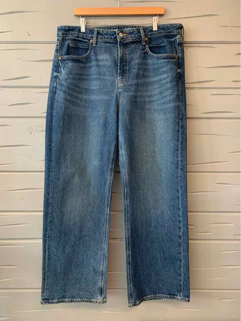 Blue straight-leg denim jeans with classic five-pocket design and belt loops, size 16.