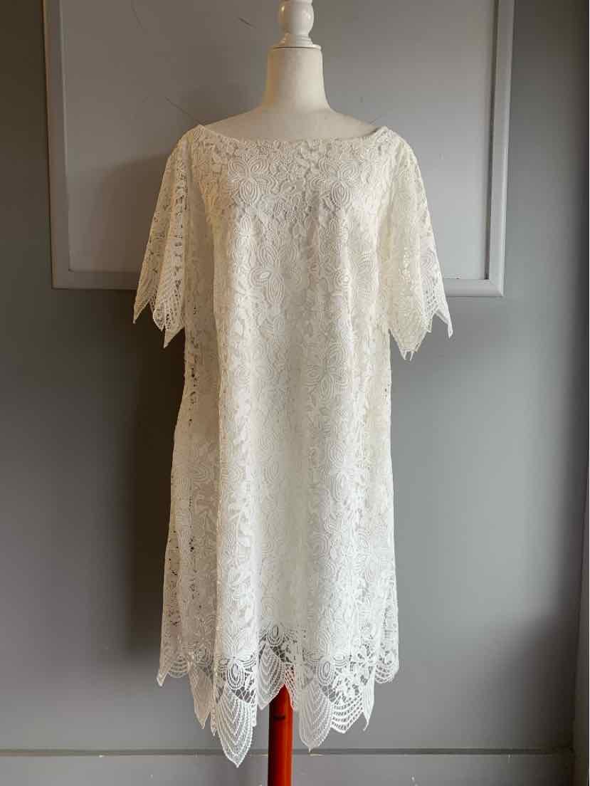 White lace dress with short sleeves and scalloped hem on a mannequin.