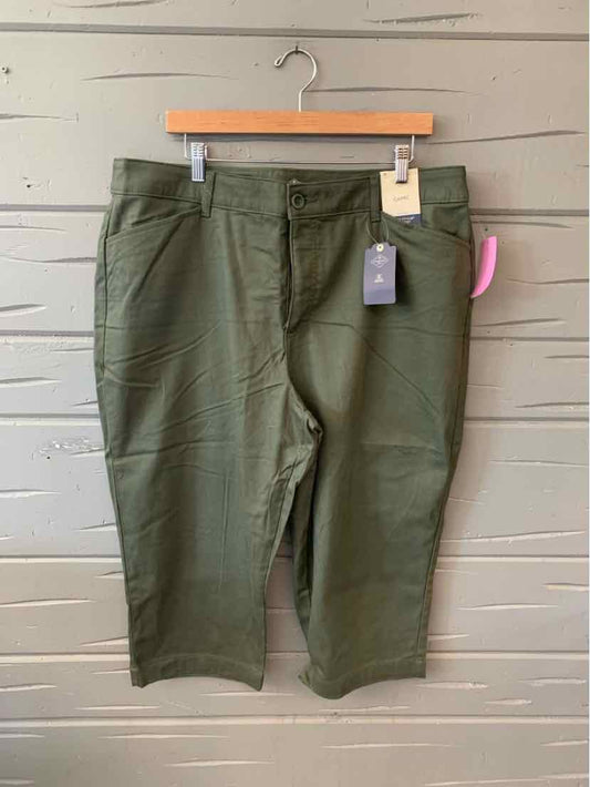 Olive green women's cropped pants with front pockets and button closure on wooden hanger.