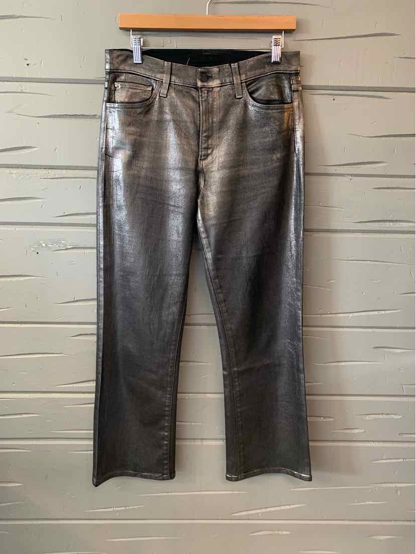 Gray straight-leg jeans with five pockets and visible stitching details hanging on wooden hanger.