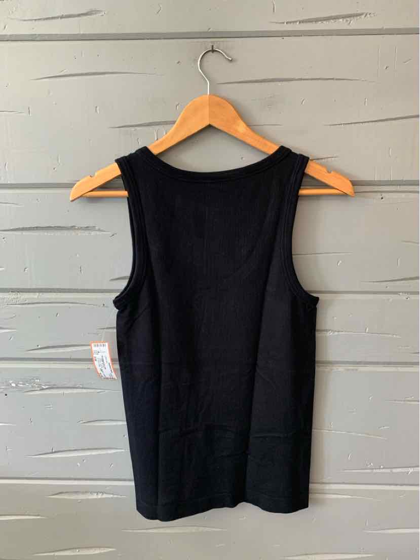 Black sleeveless tank top with a round neckline and a straight hem, size small/medium.