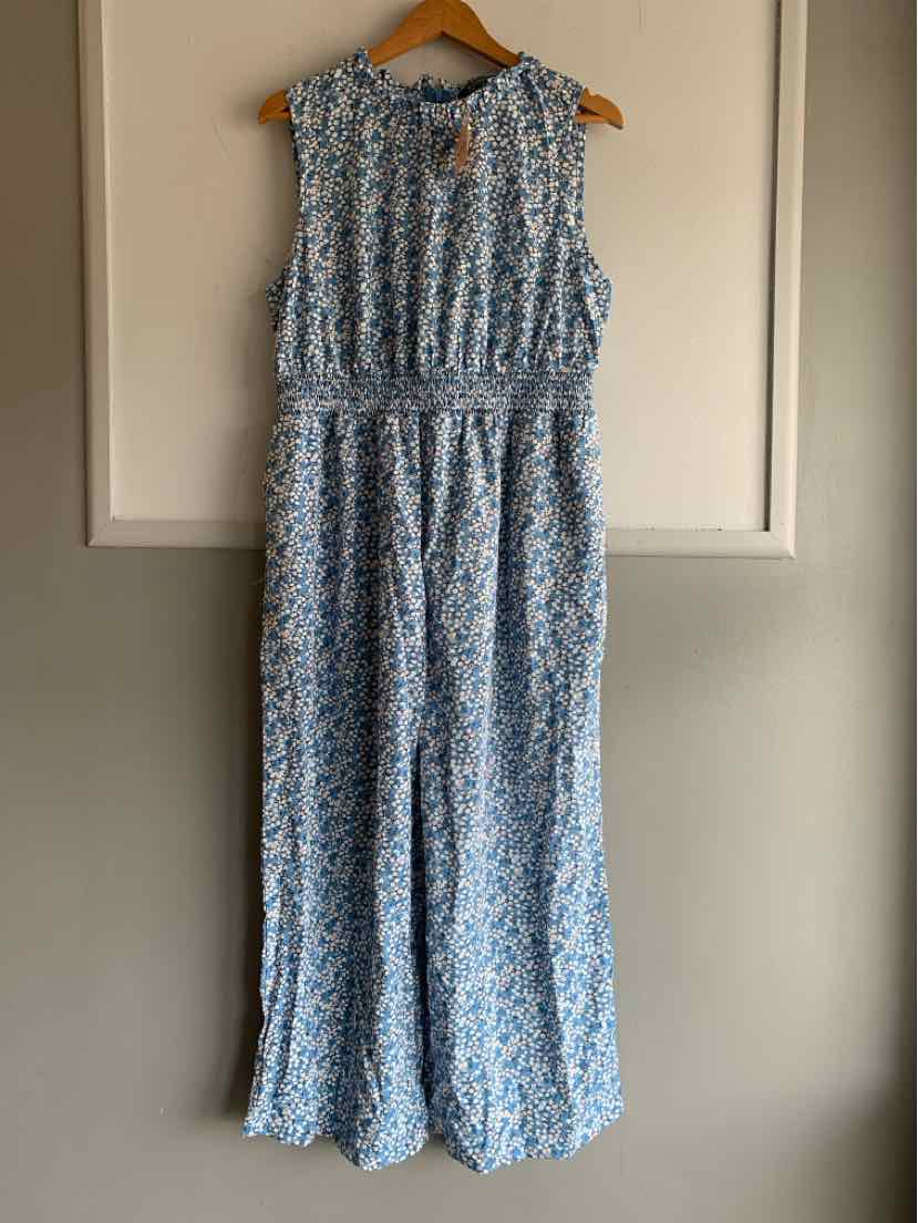 Sleeveless blue floral jumpsuit with keyhole neckline and cinched waist, size 14/16.