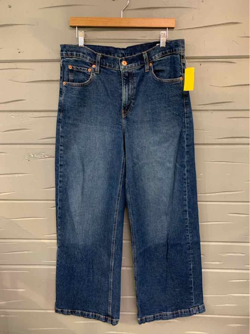 Dark blue denim wide-leg jeans with high waist and five-pocket design, size 10.