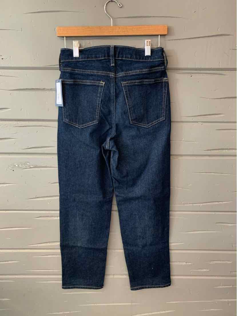 Dark blue denim jeans with a straight leg cut, two back pockets, and contrast stitching.