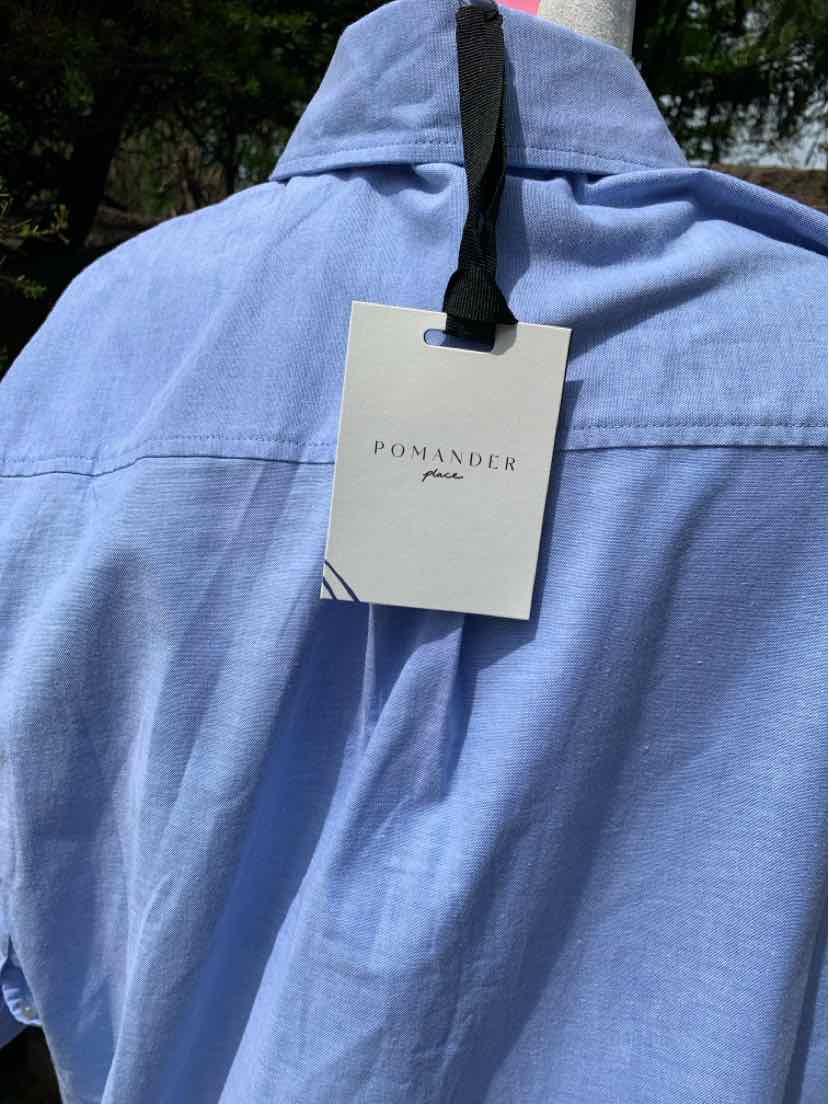 Light blue collared shirt with black hanger strap and white Pomander Place tag.