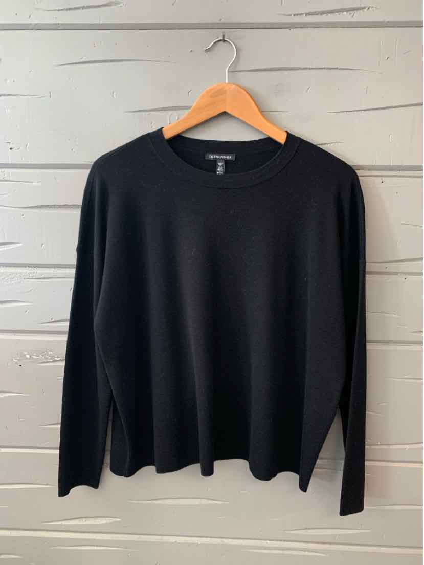 Black long-sleeve crewneck knit sweater in soft fabric with a relaxed fit, size small.