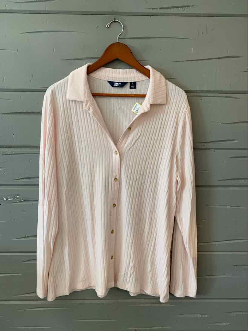 Light pink ribbed long-sleeve button-up shirt with collar, size large.