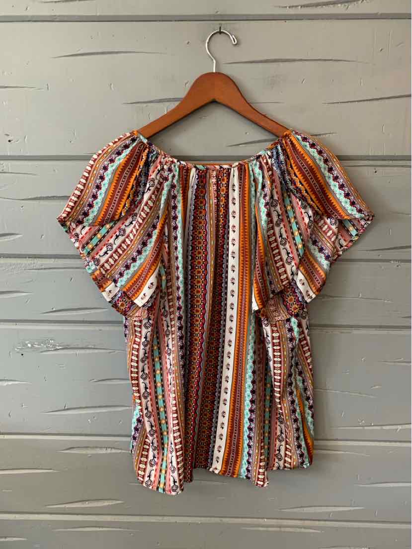 Boho-style off-shoulder blouse with puffed sleeves in orange, white, and black striped pattern.