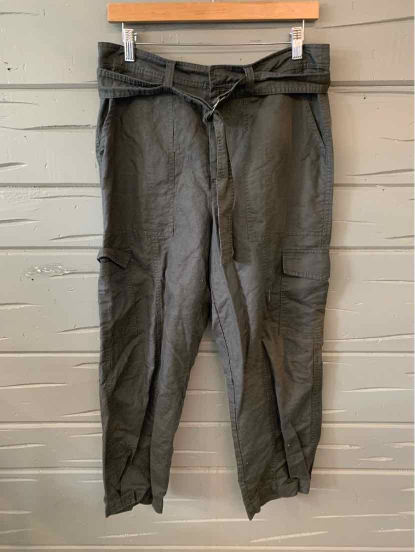 Gray mid-rise pants with adjustable fabric belt and tapered legs, size medium.
