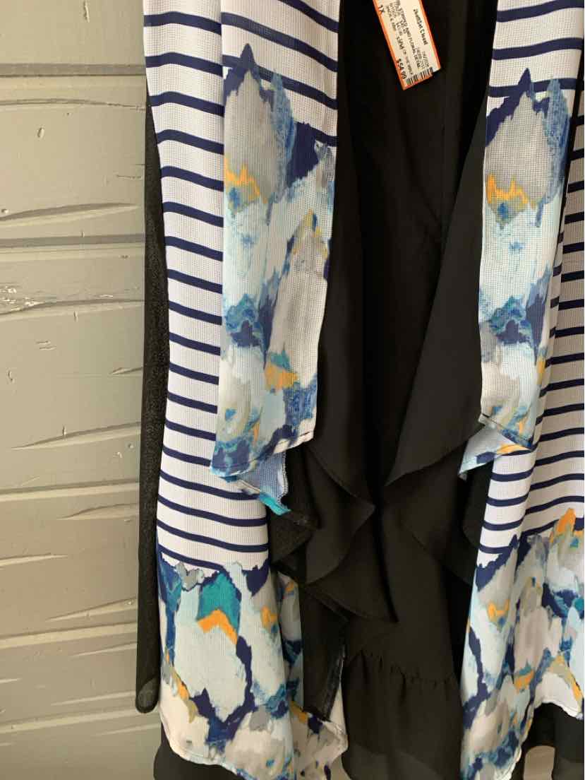 Women's open-front cardigan with black interior, white and navy horizontal stripes, and blue abstract floral print.