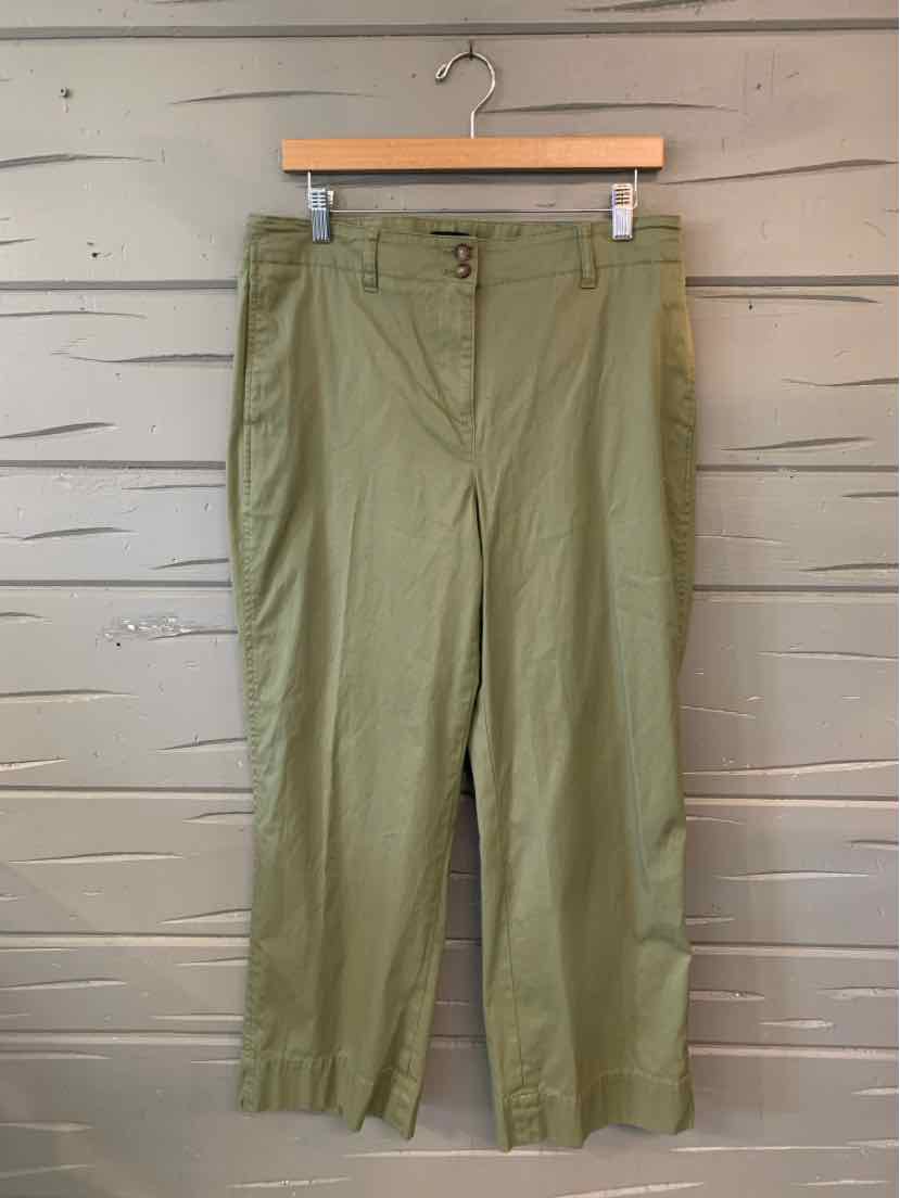 Olive green cropped pants with front button and zipper closure, belt loops, and straight leg design.
