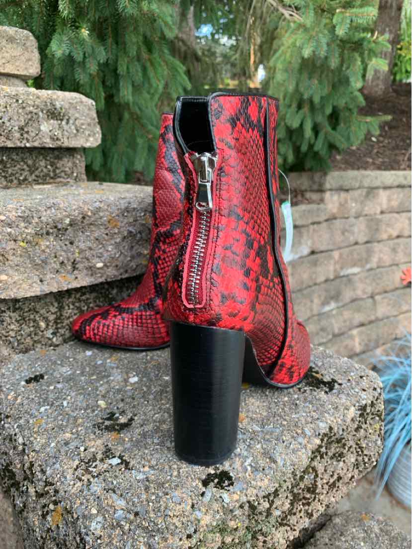 Red snake-print ankle boot with side zipper and chunky black heel, size 8.