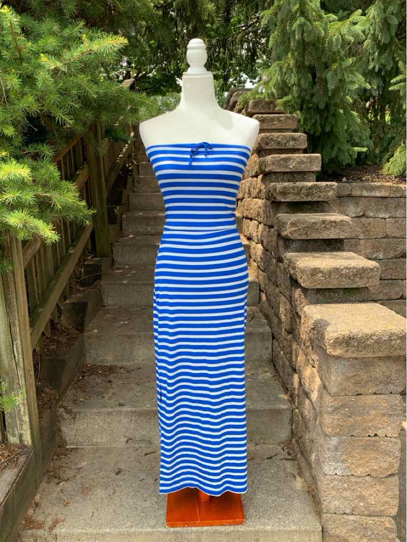 Blue and white horizontal striped strapless maxi dress with fitted silhouette.