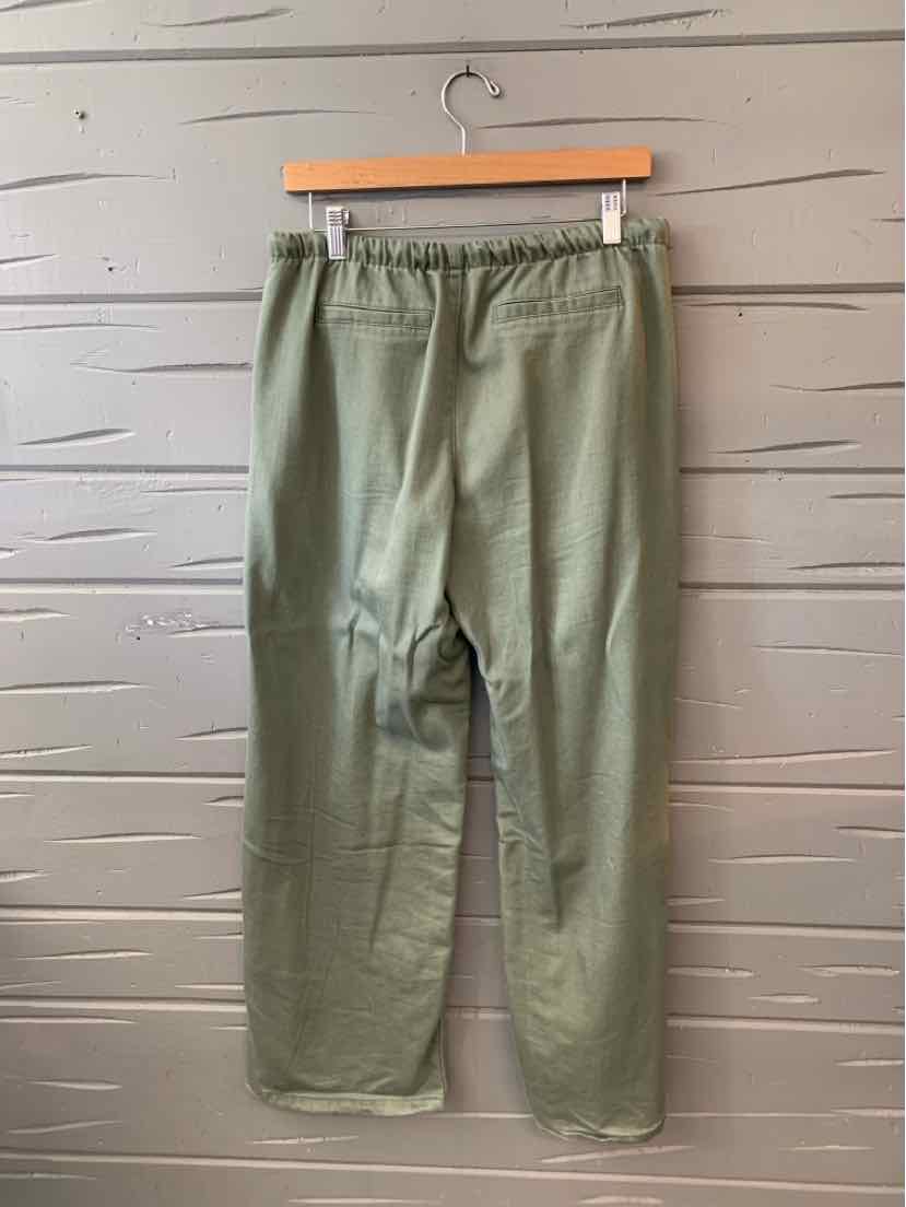 Light green casual pants with elastic waistband and straight legs, medium size.