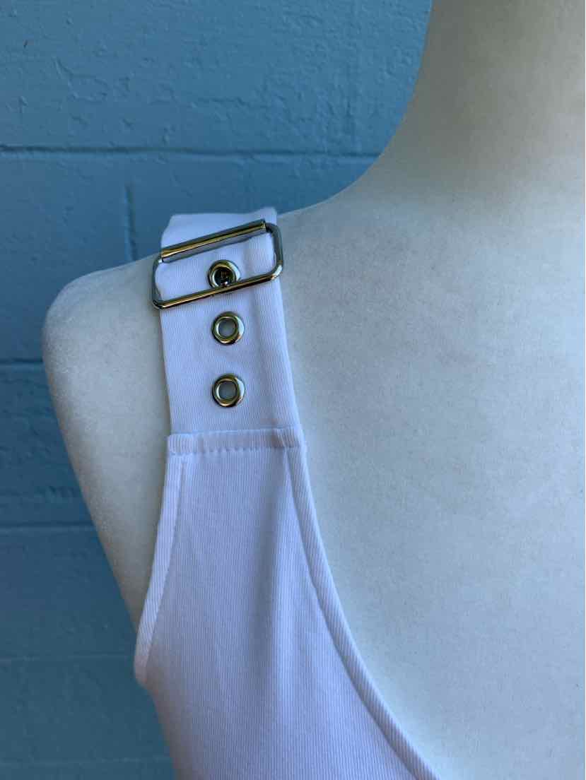 White tank top with triple button strap detail on left shoulder, size large.