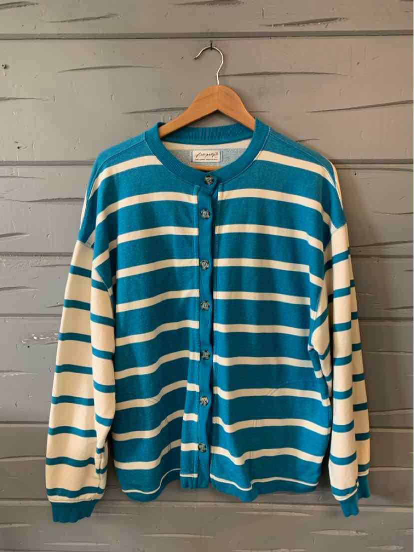 Teal and cream striped long-sleeve button-up cardigan with relaxed fit and ribbed cuffs.