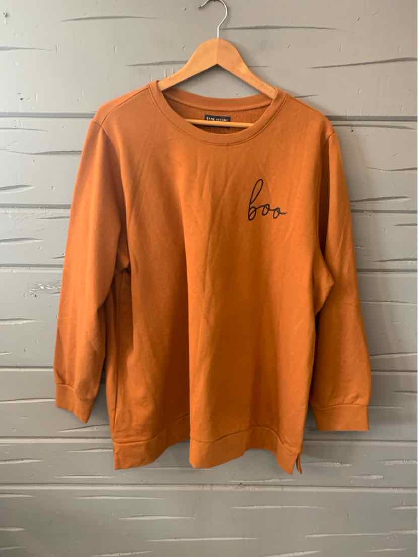 Rust orange long-sleeve crewneck sweatshirt with small black "bra" text on left chest.