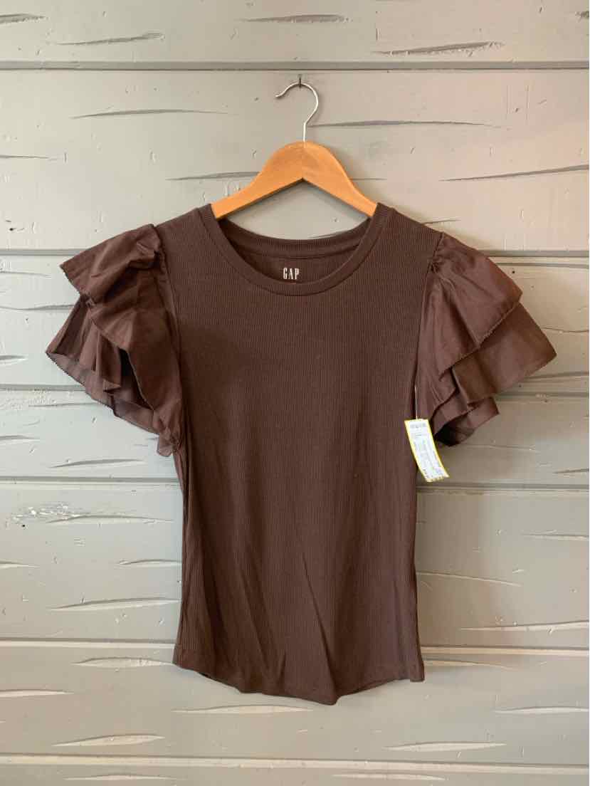 Brown ribbed knit top with sheer double-layered puff sleeves and crew neckline.