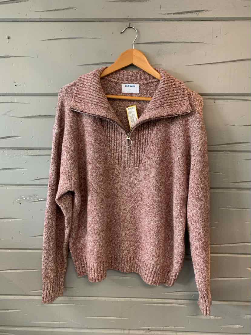 Heather burgundy knit sweater with wide collar and long sleeves, size XL.