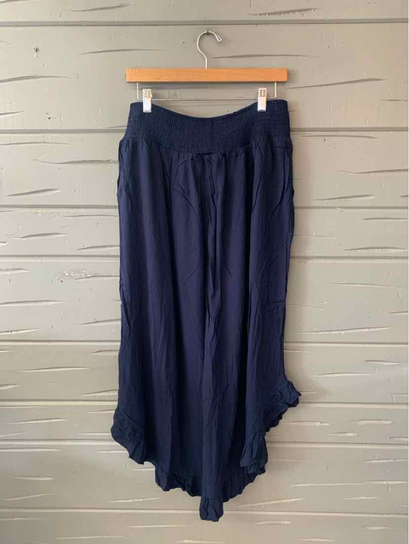 Navy blue wide-leg pants with high elastic waistband, lightweight fabric, and flowy silhouette.