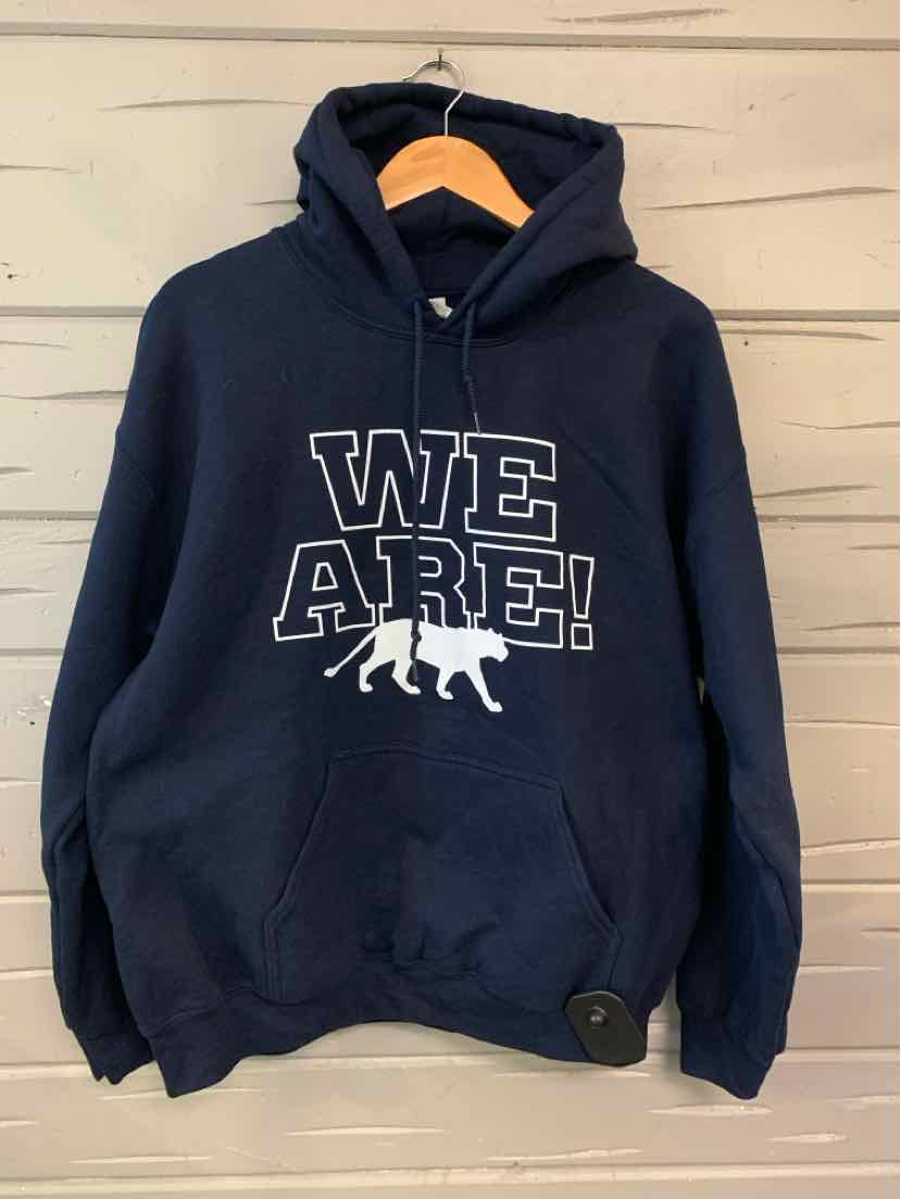 Navy blue hoodie with "WE ARE!" text and lion graphic, front pocket, large size.