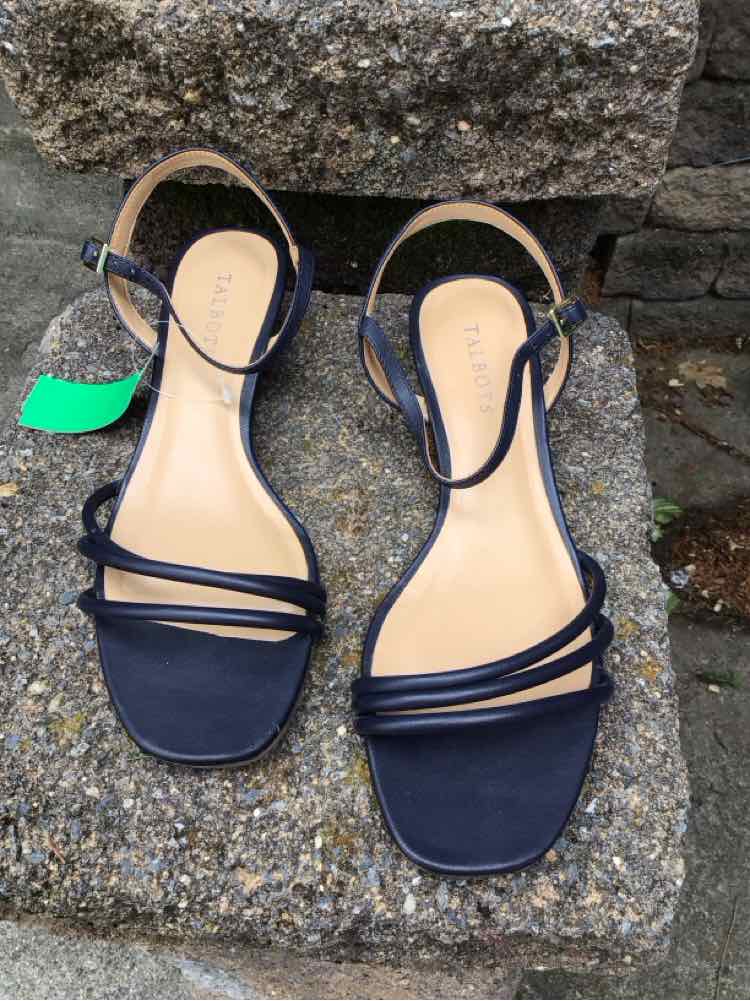 Black strappy leather sandals with ankle straps and square toes, size 9.5.