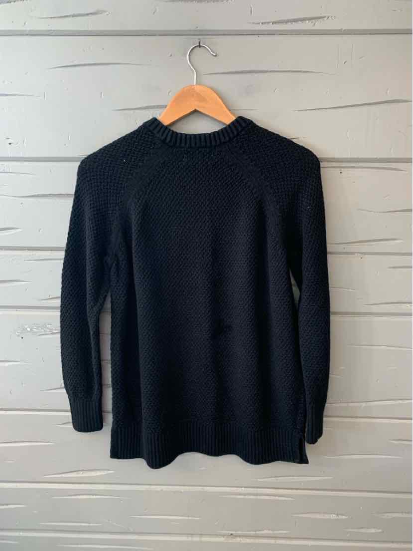Black knit long-sleeve sweater with ribbed crewneck, cuffs, and hem, size small.