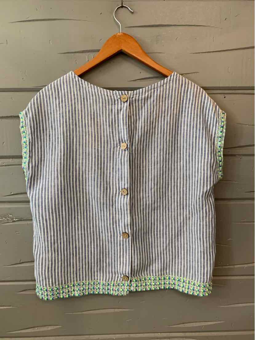Light blue and white striped short-sleeve blouse with button-back and green floral trim.