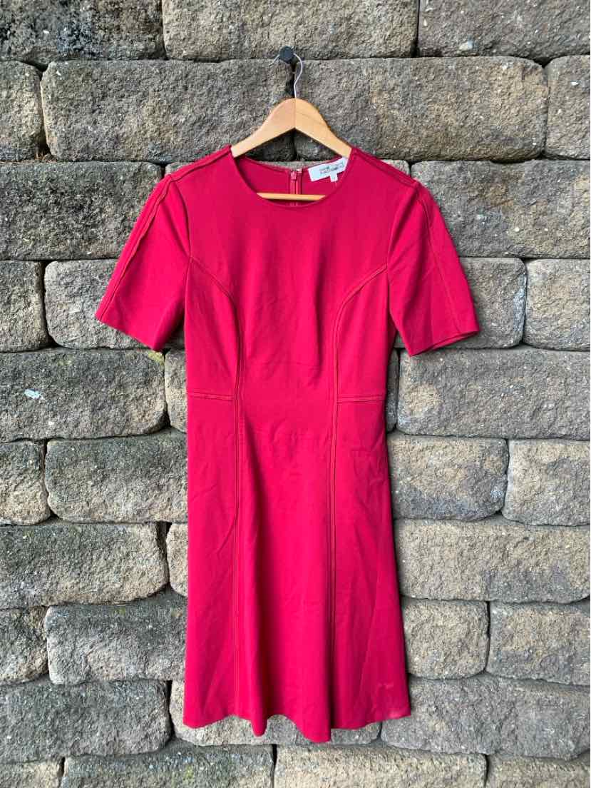 Pink short-sleeve knee-length dress with round neckline hanging on wooden hanger against stone wall.