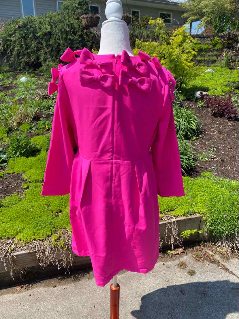 Bright pink long-sleeve dress with ruffled neckline and cinched waist on white mannequin outdoors.