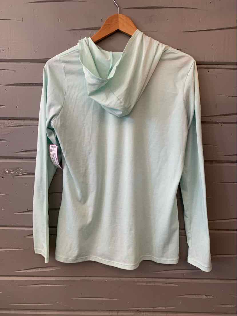 Light green long-sleeve hoodie with fitted silhouette and soft fabric hanging on wooden hanger.